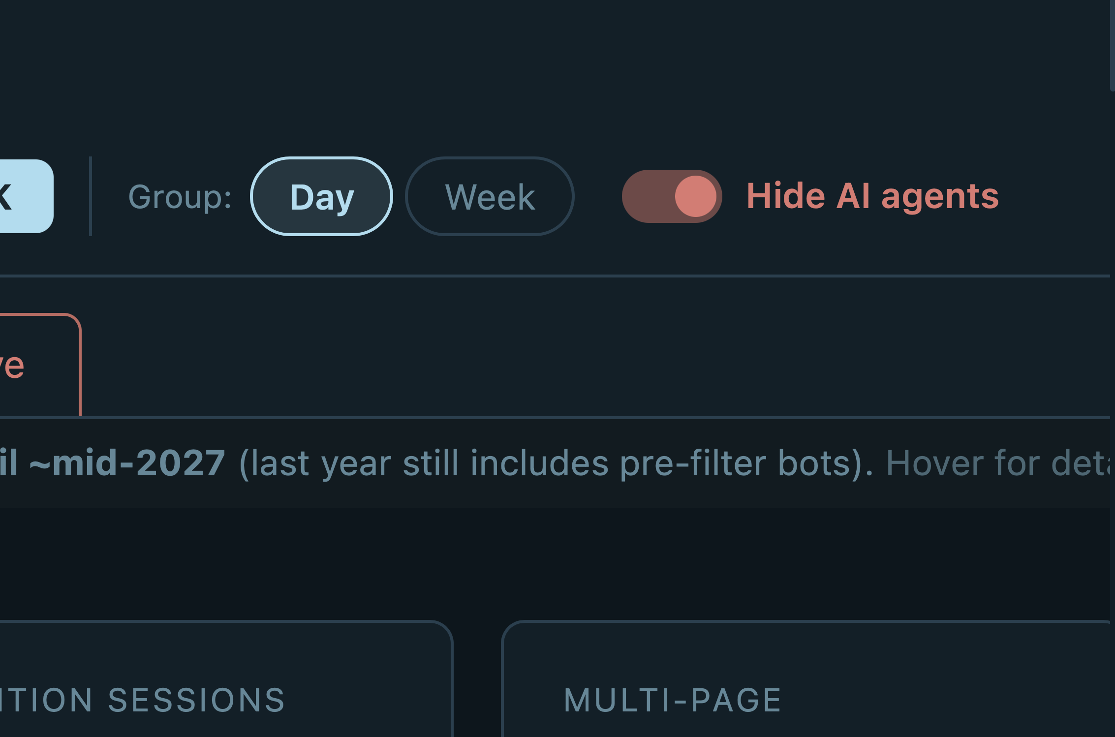 My analytics tool: a switch to hide AI agents and a note that year-over-year data is understated